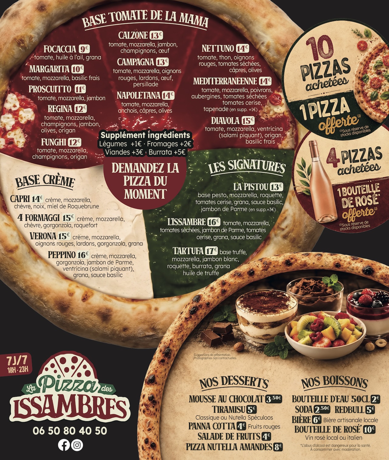 Menu de La Pizza des Issambres – pizzas, desserts et boissons